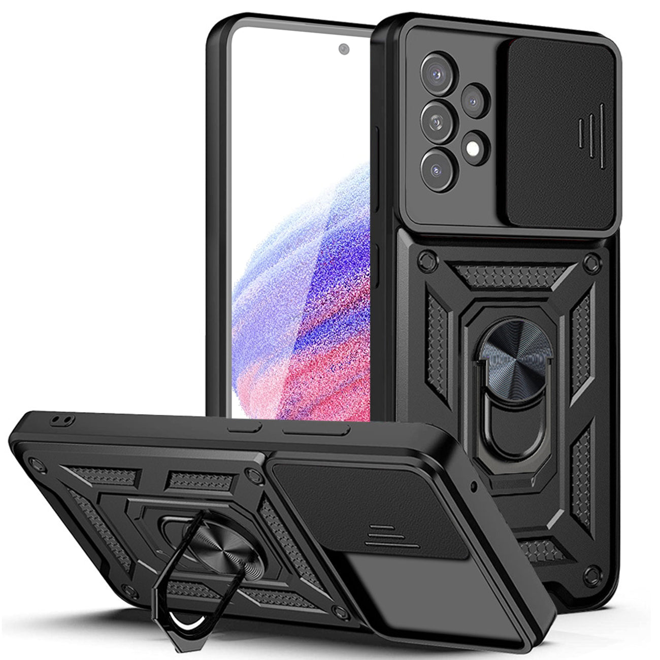 Kickstand Ring Holder with Slide Camera Cover TPU Magnetic Car Mount for GALAXY A53 5G In Black